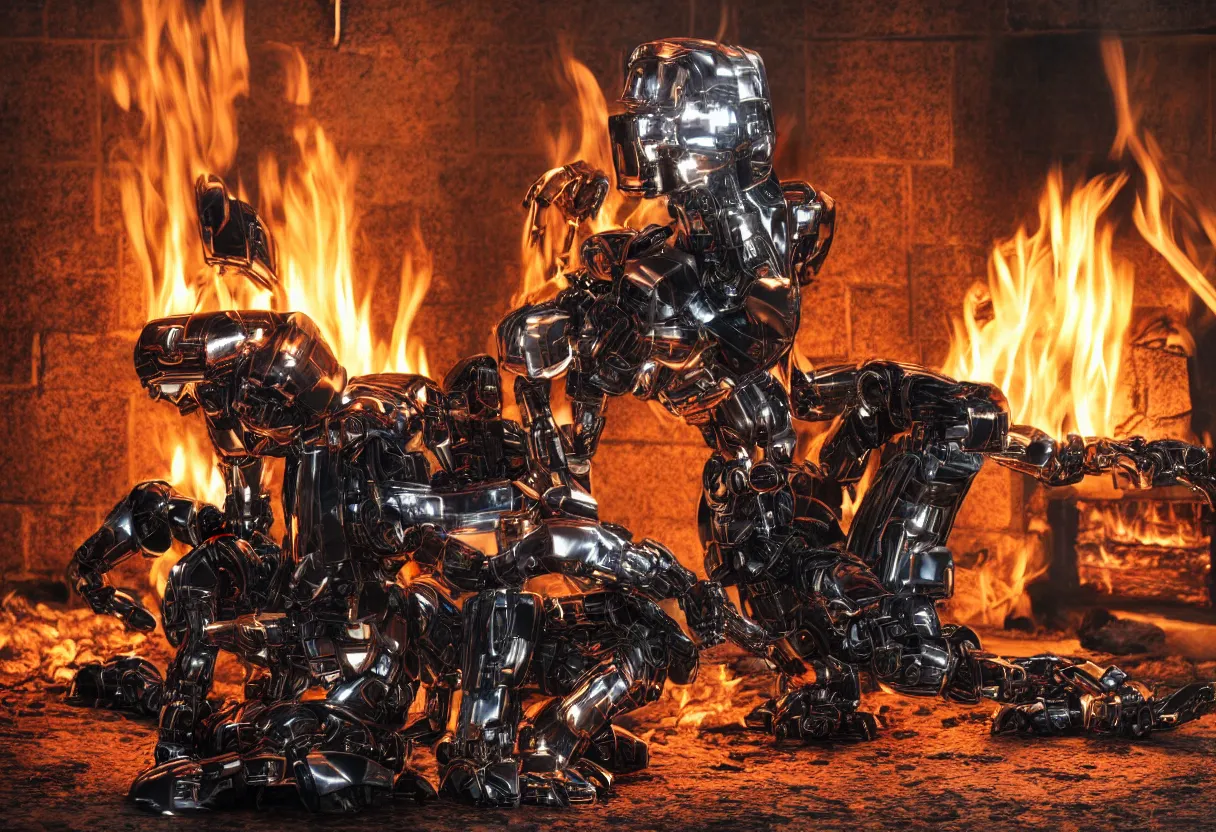 Prompt: An intimate closeup portrait photograph of one menacing cybertronic robot sitting on a frayed recliner in front of a single beautiful fireplace with a cozy fire