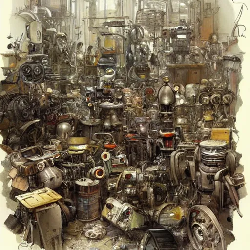 Prompt: a sketch of a cluttered robot makers shop with stacks of robot parts and old robots by jean - baptiste monge