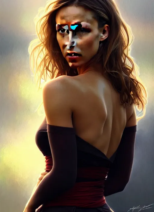 Image similar to half Jessica Alba half Nathalie Portman half scarlett johansonna pure seductive angel, full body portrait, slight smile, diffuse natural sun lights, autumn lights, highly detailed, digital painting, artstation, concept art, sharp focus, illustration, art by wlop and greg rutkowski and alphonse mucha and artgerm