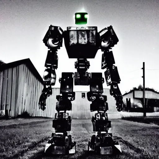 Prompt: giant robot at night with eyes smiling, grainy, vintage, stark light, dramatic lighting, evil smile, countryside at night, trash on the ground, night sky, scary, evil