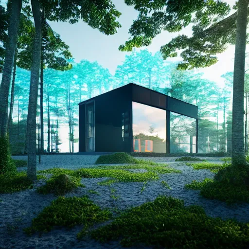 Prompt: a modern house made of glass on a beach near a beautiful fantasy forest, digital art, epic composition, hd, 4 k, octane renderer, professional, intricate detail