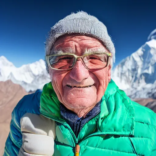 Prompt: elderly man on the summit of mount everest, smiling, happy, everest, mountain climbing, snow, cold, peak, summit, canon eos r 3, f / 1. 4, iso 2 0 0, 1 / 1 6 0 s, 8 k, raw, unedited, symmetrical balance, wide angle