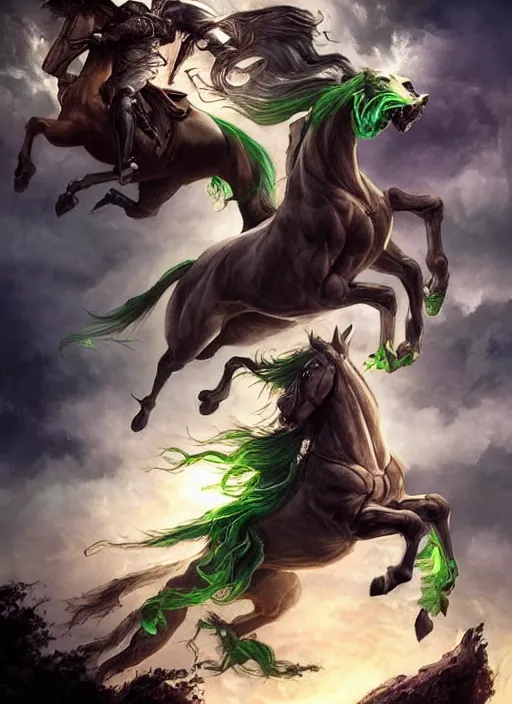 Image similar to the singular horseman of the apocalypse is riding a strong fierce ferocious undead green stallion, horse is up on its hind legs, the strong male rider is death with a scithe, beautiful artwork by artgerm and rutkowski, breathtaking, beautifully lit, dramatic