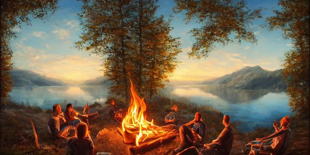 Prompt: a beautiful!!!!!!!! campfire with a beautiful!!! lake in the background, oil painting, trending on artstation, highly detailed