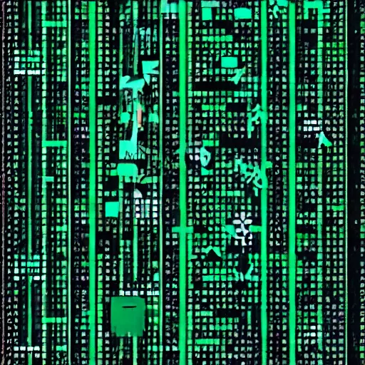 Image similar to anime girl in ascii art style, terminal text, green, blue colors, black background
