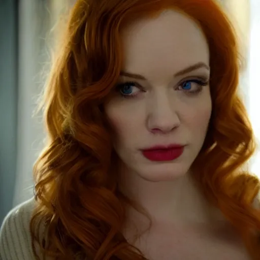 Prompt: amazing beautiful Christina Hendricks with puffy lips in the living room, film still from the movie directed by Denis Villeneuve , wide lens