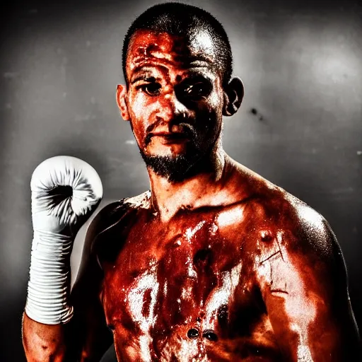 Prompt: close up portrait of boxer after boxing with brews blood sweating, photography photojournalism, very grainy image