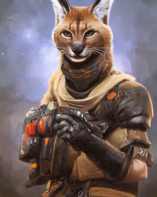 Prompt: cute caracal as an Apex Legends character digital illustration portrait design by, Mark Brooks and Brad Kunkle detailed, gorgeous lighting, wide angle action dynamic portrait