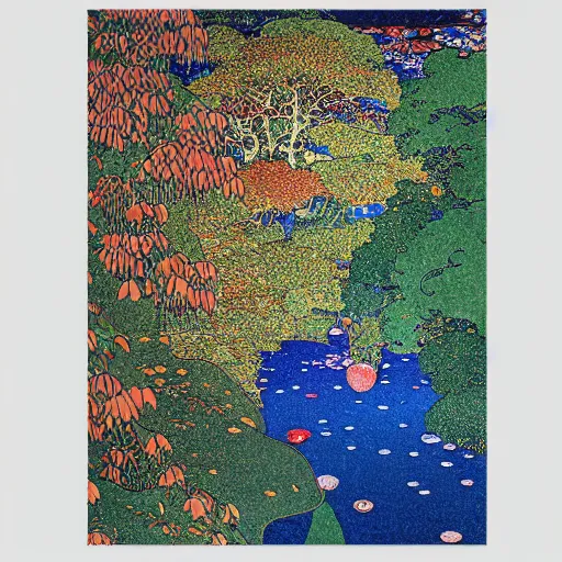 Image similar to Rain, Leaves, Fruit, Flowers, Arboreal, majestic rivers of crystalized color, 8K by Hokusai, Klimt, Dan Mumford and Tom Whelan