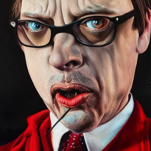 Image similar to hyperrealistic mixed media high resolution painting of a Steve Buscemi as Austin Powers, stunning 3d render inspired art by István Sándorfi and Greg Rutkowski and Unreal Engine, perfect symmetry, dim volumetric lighting, 8k octane beautifully detailed render, post-processing, extremely hyper-detailed, intricate, epic composition, highly detailed attributes, highly detailed atmosphere, cinematic lighting, masterpiece, trending on artstation, very very detailed, masterpiece, stunning, flawless structure, lifelike texture, perfection,