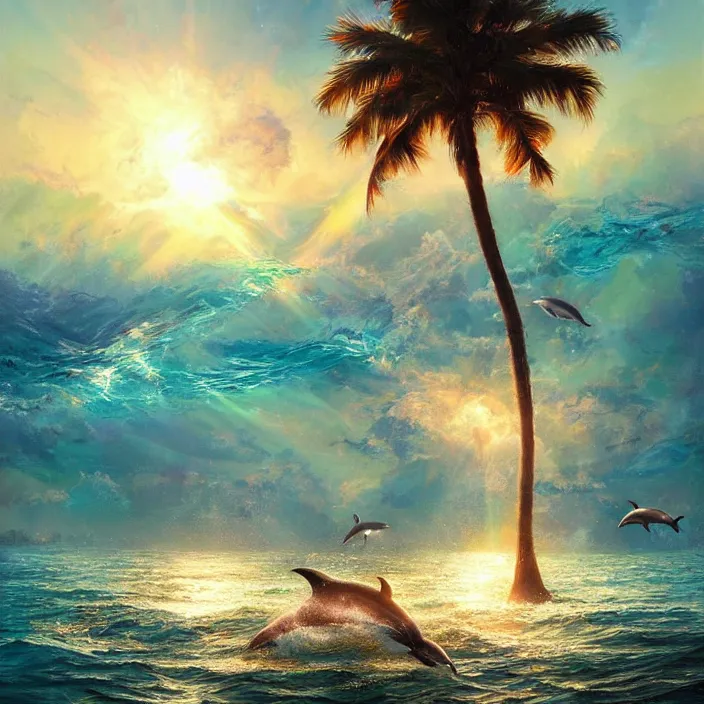 Image similar to dolphins swimming, golden hour, god rays, by artgerm and ruan jia and ismail inceoglu and greg olsen, palm trees, cosmos, milky way galaxy, masterpiece, beautiful, intricate, elegant, highly detailed