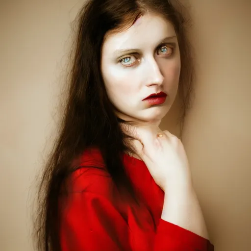 Image similar to a photo of a young woman. moody and melanchonic. red, yellow
