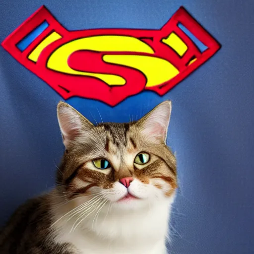 Prompt: high quality photograph of a cat wearing superman clothes