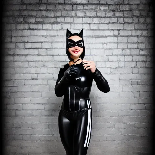 Prompt: gopnik as catwoman, adidas costume, 30mm lens photo portrait