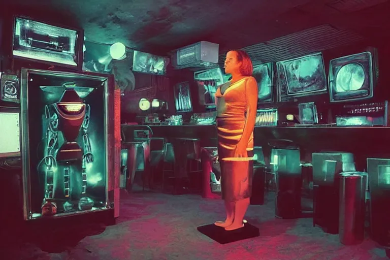 Image similar to robot staring at her reflection in a mirrored monolith, from 1977, in a tiki bar, volumetric lighting, surrounded by crt monitors, photograph, in the style of jack bridgeland