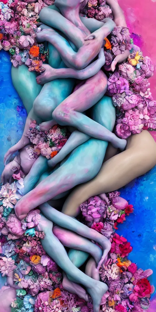 Image similar to closeup photograph of a surrealist sculpture human bodies intertwined, a lovely cornucopia of flowers and human body parts, body parts, paint pour, swirling paint, pink blue and purple color scheme, muted color palette, skin tones, highly detailed, octane render, cinematic