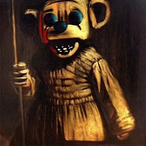 Prompt: museum Rembrandt painting of Five Nights at Freddy's, museum exhibit