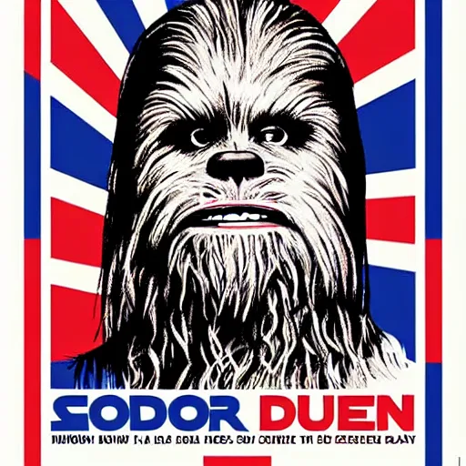 Prompt: chewbacca presidential election poster showing close up of chewbacca face red and blue duotone screenprint by sheperd fairey