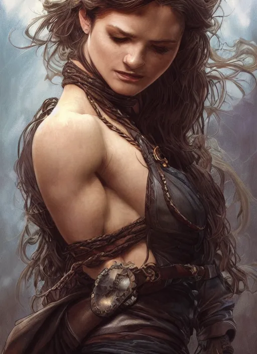 Prompt: portrait of a ruggedly handsome female witch, soft hair, muscular, half body, leather, d & d, fantasy, intricate, elegant, highly detailed, digital painting, artstation, concept art, smooth, sharp focus, illustration, art by artgerm and greg rutkowski and alphonse mucha