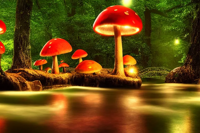 Image similar to giant mushrooms with lights next to a small bridge, flowing water, digital art, scenic,