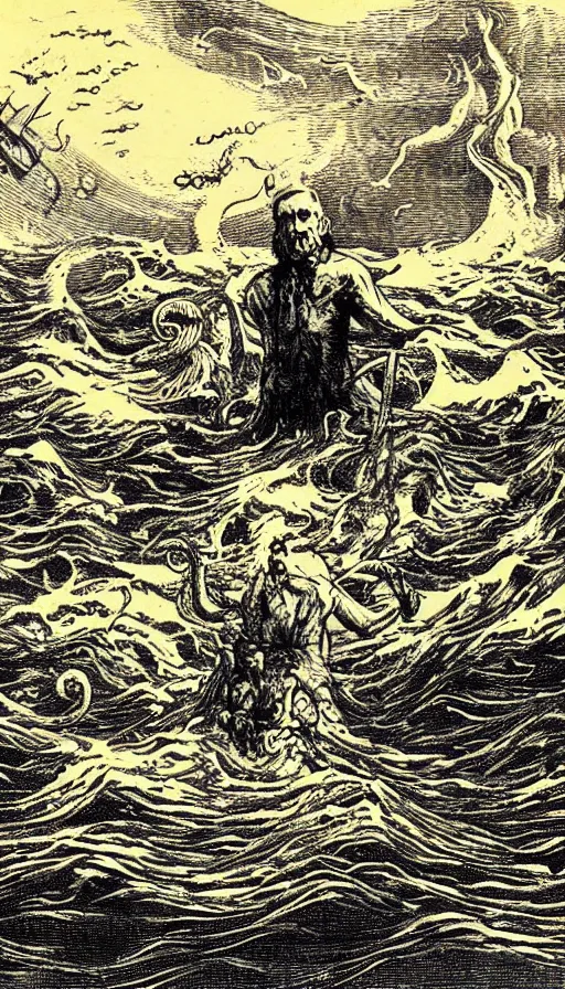 Prompt: man on boat crossing a body of water in hell with creatures in the water, sea of souls, by h. p. lovecraft