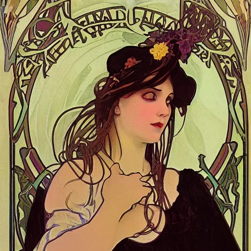 Prompt: goth girl with a wry grin, alphonse mucha, willam morris background.