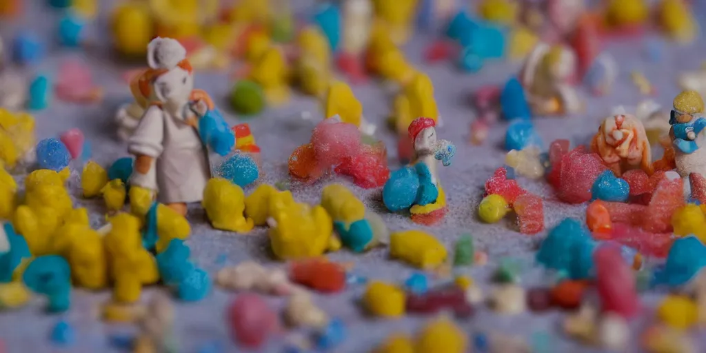 Image similar to a cinematic film still of a claymation stop motion film about a town made of lemons and candy, shallow depth of field, 8 0 mm, f 1. 8