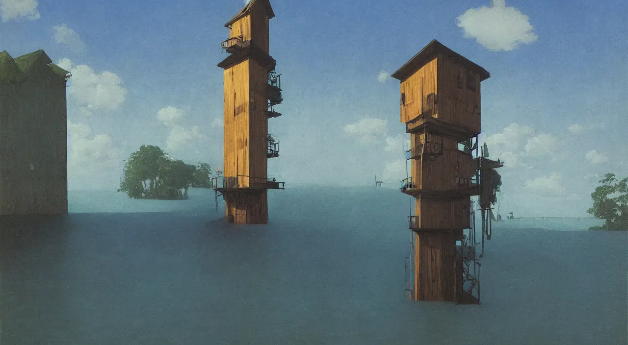 Prompt: single flooded simple blue wooden tower, very coherent and colorful high contrast!! masterpiece by rene magritte simon stalenhag carl spitzweg syd mead norman rockwell edward hopper james gilleard, minimalist, dark shadows, sunny day, hard lighting