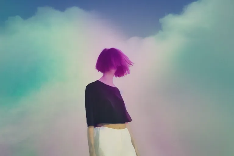 Prompt: high quality pastel coloured film photograph of a model wearing black clothing walking on clouds in a haze filled dreamstate world. three point light. photographic production. art directed. pastel colours. volumetric clouds. pastel gradient overlay. waves glitch artefacts. 8 k. filmic.