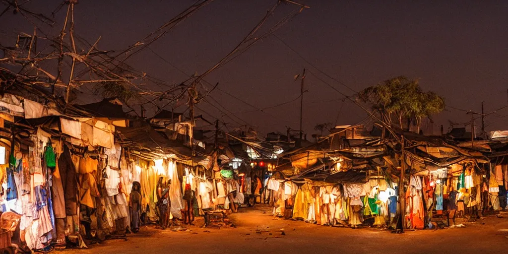 Image similar to african - japanese slum at night. savannah. there are glowing lanterns. street view