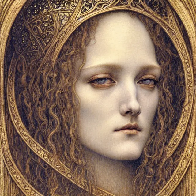 Image similar to detailed realistic beautiful young medieval queen face portrait by jean delville, gustave dore and marco mazzoni, art nouveau, symbolist, visionary, gothic, pre - raphaelite. horizontal symmetry