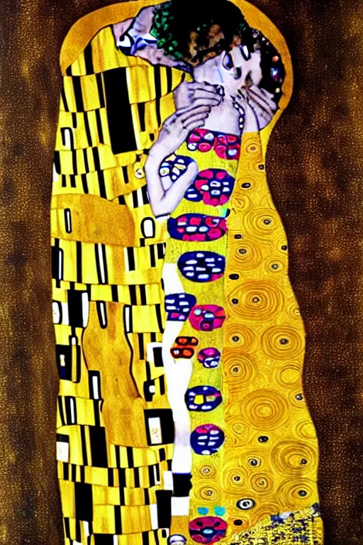 Image similar to gustav klimt the kiss with face of Nicolas Cage