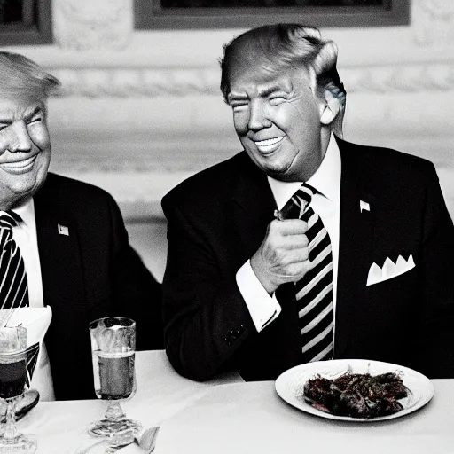 Image similar to Trump and Biden having dinner at a fancy Balinese restaurant, award winning photography, 85mm, perfect faces