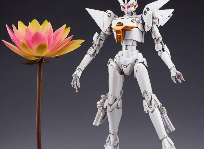 Image similar to futuristic nymphaea themed mecha waterlily upper body, sepals forming helmet, highly detailed, nymphaea, 8 k hd resolution, barbatos gundam with floral inlay, bandai box art, star wars, makoto kobayashi, frank gehry, raymond swanland