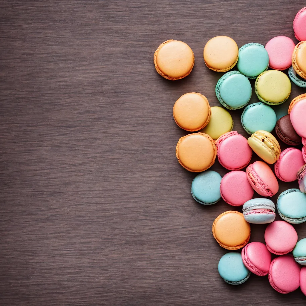 Prompt: 30-degree view of macarons on top of a wooden table, 4k, photorealistic