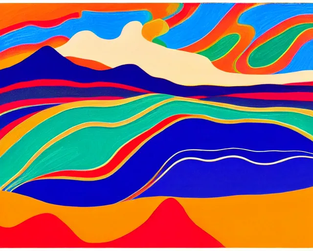 Image similar to A wild, insane, modernist landscape painting. Wild energy patterns rippling in all directions. Curves, organic, zig-zags. Saturated color. Mountains. Clouds. Rushing water. Wayne Thiebaud. David Hockney.