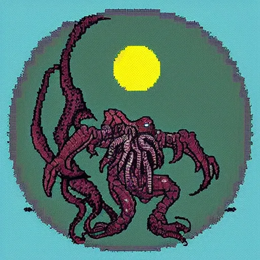 Image similar to pixelart Cthulhu, landscape, horizon, lunar, moon, backlit