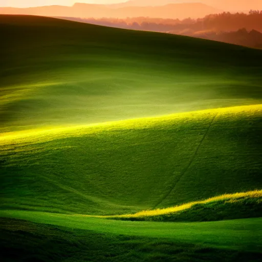 Image similar to https : / / s. mj. run / ixdectgsxzc rolling green hills at dawn. light and shadow. volumetric lighting. award winning photograph