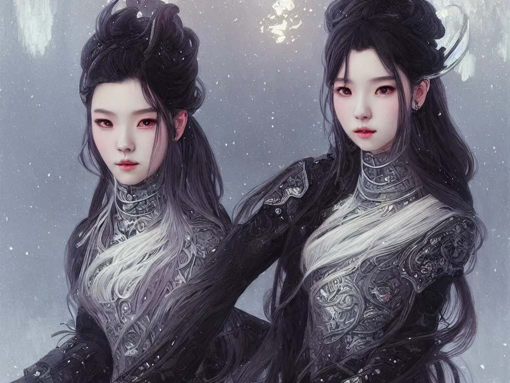 Image similar to portrait jisoo blackpink, grey hair armored samurai clothes, in snowy torii black magic night, ssci - fi and fantasy, intricate and very very beautiful and elegant, digital painting, artstation, concept art, smooth, illustration, art by tian zi and wlop and alphonse mucha