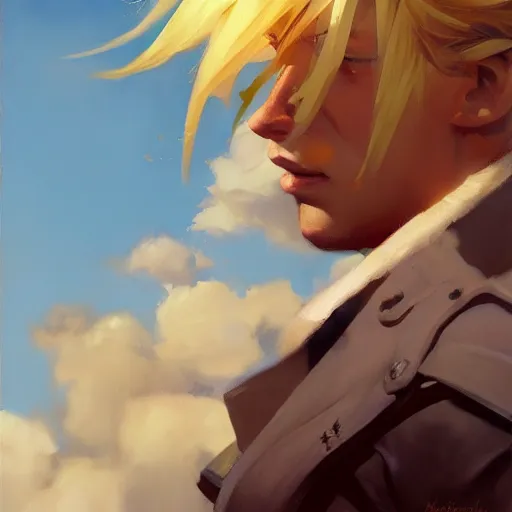 Image similar to greg manchess portrait of customer service cloud strife, medium shot, asymmetrical, profile picture, organic painting, sunny day, matte painting, bold shapes, hard edges, street art, trending on artstation, by huang guangjian and gil elvgren and sachin teng