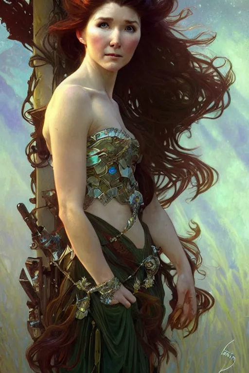 Prompt: Jewel Staite as a princess, fantasy, intricate, elegant, highly detailed, digital painting, artstation, concept art, matte, sharp focus, illustration, art by Artgerm and Greg Rutkowski and Alphonse Mucha