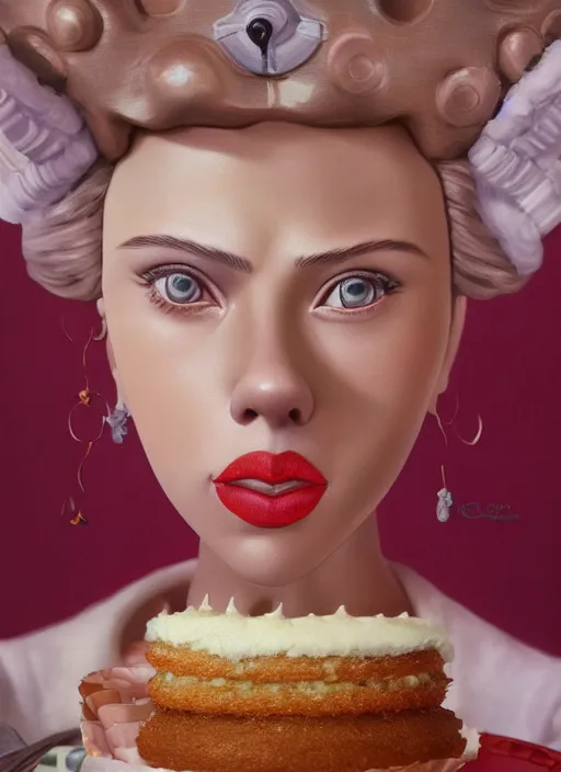 Image similar to closeup portrait of tin toy scarlett johansson eating cakes, depth of field, zeiss lens, detailed, symmetrical, centered, fashion photoshoot, by nicoletta ceccoli, mark ryden, lostfish, earl nore, hyung tae, frank frazetta, breathtaking, 8 k resolution, extremely detailed, beautiful, establishing shot, artistic, hyperrealistic, octane render