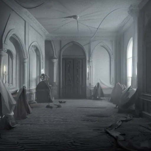 Image similar to A room full of vampires, high ceiling, victorian, soft light, ominous, photorealistic, detailed, 8k