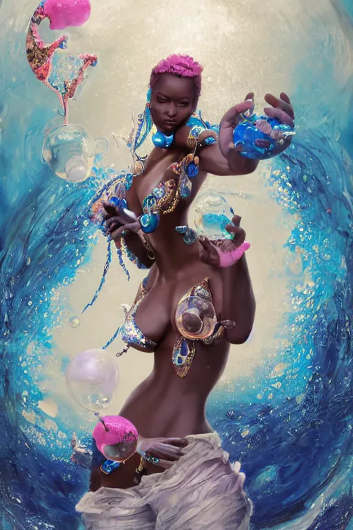 Prompt: epic 3 d yemaya, caring african goddess, liquid hands and feet spinning, 2 0 mm, with cerulean and white foam melting smoothly into asymmetrical bubbles and seashells, liquid, delicate, intricate, houdini sidefx, trending on artstation, by jeremy mann and ilya kuvshinov, jamie hewlett and ayami kojima