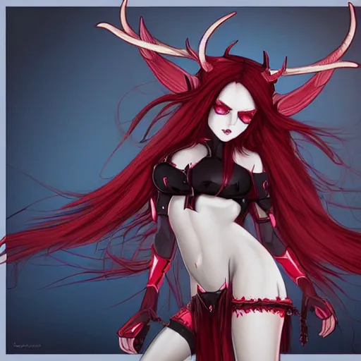 Prompt: “ blue skinned red eyes succubus with horns and a tail wearing shorts and crop top, detailed, art realistic ”