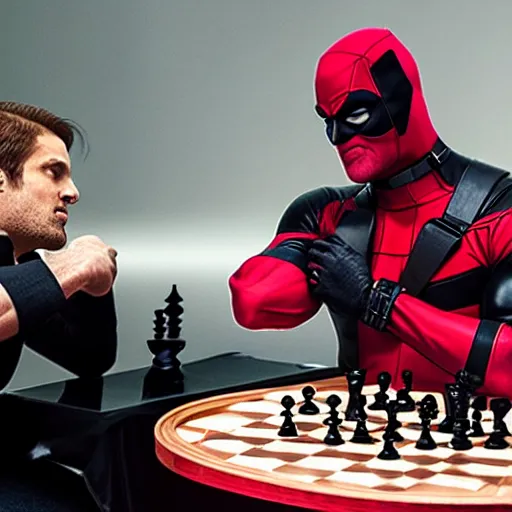 Image similar to daredevil and deadpool sat by a chess table