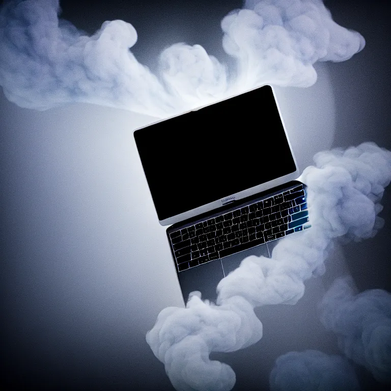 Image similar to a photo portrait of a macbook disintegration in dust and smoke, cinematic photography, smoke rising like clouds, photorealism, canon 5 d, 5 0 mm lens, super resolution, cgi, volumetric lighting & shadows, hyper detailed, 8 k, unreal engine,