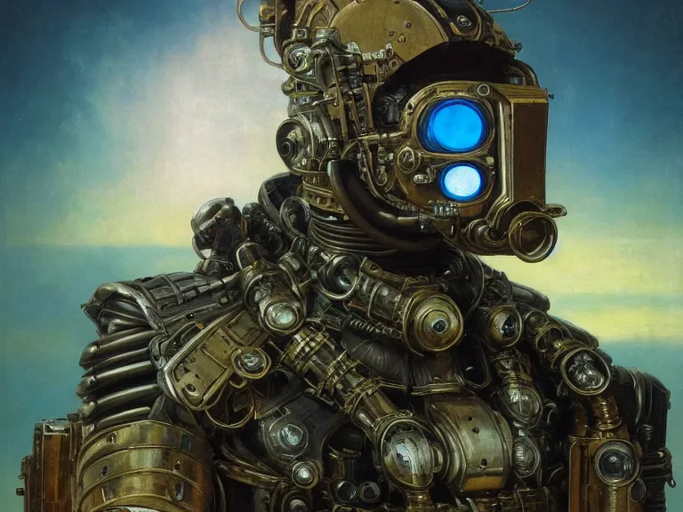 Prompt: a detailed profile oil painting of a dieselpunk humanoid robot with reflective visor, flight suit, portrait symmetrical and science fiction dieselpunk theme with aurora lighting by beksinski carl spitzweg and tuomas korpi. baroque elements, full-length view. baroque element. intricate artwork by caravaggio. Trending on artstation. 8k