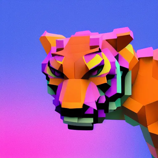 Image similar to voxel art of a creepy tiger, orthographic, colorful, 4k, blender render
