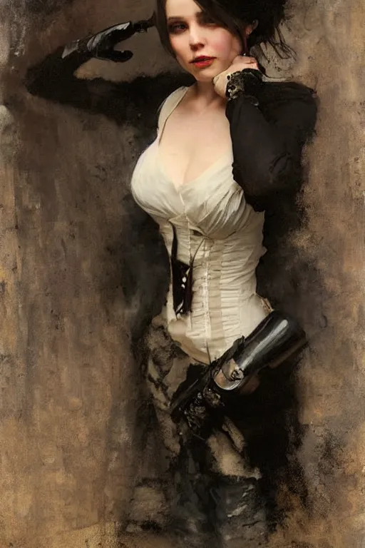 Image similar to Richard Schmid and Jeremy Lipking full length portrait painting of a young beautiful victorian steampunk vampire detective woman